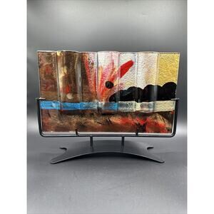 Abstract Art Glass‎ Vase Multi Color Waves Modern Metal Stand Home Decor Accent